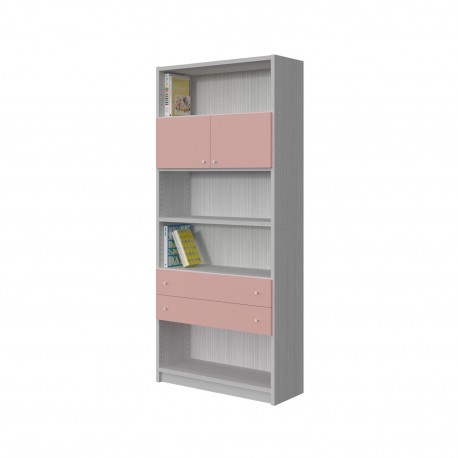 BOOKCASE OF 4 SHELVES, CUPBOARDS AND DRAWERS