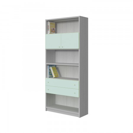 BOOKCASE OF 4 SHELVES, CUPBOARDS AND DRAWERS