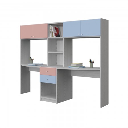 BOOKCASE WITH DOUBLE DESK COMPOSITION AND DRAWERS