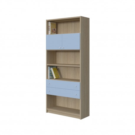 BOOKCASE OF 4 SHELVES, CUPBOARDS AND DRAWERS
